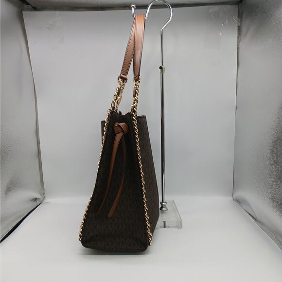 Michael Kors Large Mina Signature Logo Chain Shoulder Bag Handbag Teacher Brown - Picture 2 of 11